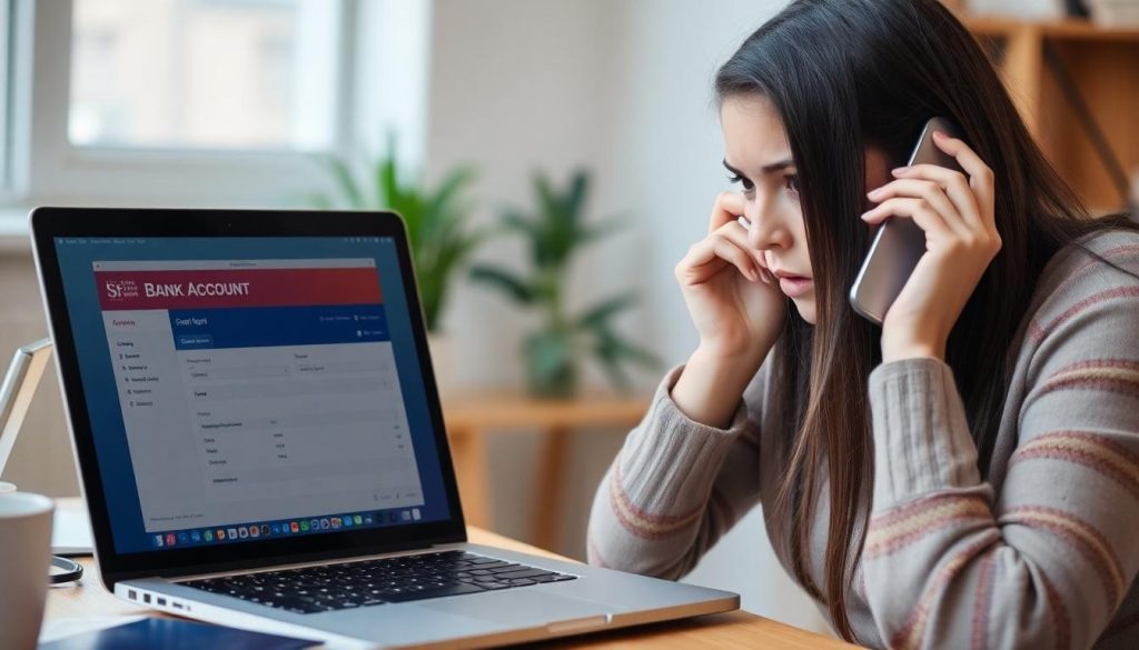 A woman looking concerned while she checks her bank account online and is on the phone to the bank