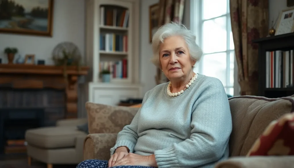 A picture of an elderly woman sat in her living room