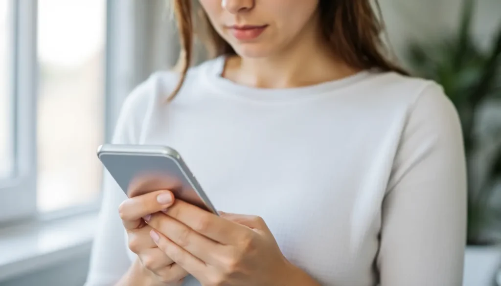 A woman reading a text message on her mobile phone